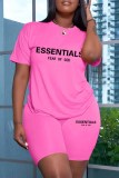 White Casual Print Letter O Neck Short Sleeve Two Pieces