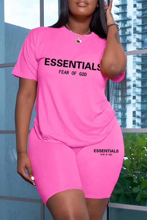 Pink Casual Print Letter O Neck Short Sleeve Two Pieces