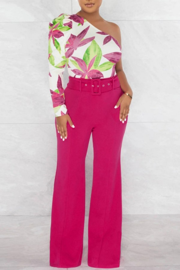 Rose Red Casual Print Patchwork With Belt Oblique Collar Regular Jumpsuits