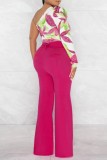 Rose Red Casual Print Patchwork With Belt Oblique Collar Regular Jumpsuits