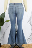Baby Blue Casual Solid Ripped Plus Size Jeans