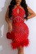 Red Sexy Patchwork Hot Drilling Hollowed Out Backless Halter Sleeveless Dress Dresses