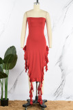Red Sexy Solid Patchwork Asymmetrical Stringy Selvedge Strapless Irregular Dress Dresses