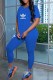 Blue Casual Print Slit Letter V Neck Short Sleeve Two Pieces