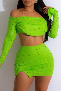 Green Sexy Casual Solid Patchwork Beading Off the Shoulder Long Sleeve Two Pieces
