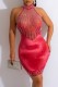 Red Sexy Patchwork Hot Drilling See-through Turtleneck Sleeveless Dress Dresses