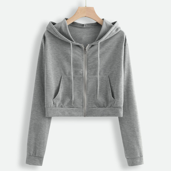 Grey Casual Print Zipper Hooded Collar Tops