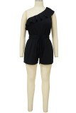 Black Casual Solid Patchwork Draw String Flounce Oblique Collar Straight Rompers