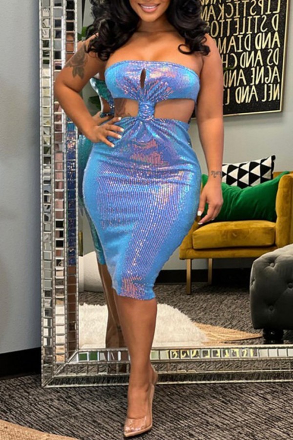 Blue Sexy Patchwork Hollowed Out Backless Strapless Sleeveless Dress Dresses