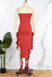 Red Sexy Solid Patchwork Asymmetrical Stringy Selvedge Strapless Irregular Dress Dresses
