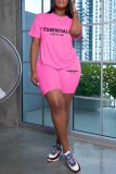 White Casual Print Letter O Neck Short Sleeve Two Pieces