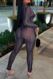 Black Sexy Striped See-through Half A Turtleneck Long Sleeve Two Pieces