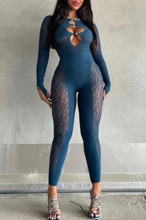 Navy Blue Sexy Patchwork Hollowed Out See-through O Neck Skinny Jumpsuits