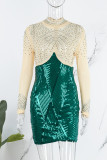 Green Sexy Patchwork Hot Drill Half A Turtleneck Long Sleeve Dresses