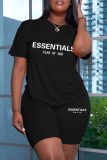 White Casual Print Letter O Neck Short Sleeve Two Pieces