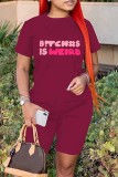 Burgundy Letter Print Basic O Neck Short Sleeve Two Pieces