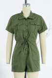 Army Green Casual Solid Patchwork Turndown Collar Regular Rompers
