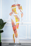 Colour Casual Print Basic O Neck Long Sleeve Two Pieces