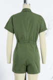Army Green Casual Solid Patchwork Turndown Collar Regular Rompers
