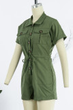 Army Green Casual Solid Patchwork Turndown Collar Regular Rompers