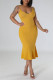 Yellow Casual Solid Patchwork Spaghetti Strap Sling Dress Dresses