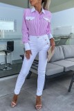 Pink Casual Striped Print Patchwork Shirt Collar Tops