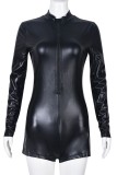 Black Casual Solid Patchwork Zipper Collar Skinny Romper