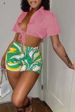 Pink Sexy Patchwork Patchwork Turndown Collar Short Sleeve Two Pieces