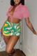 Pink Sexy Patchwork Patchwork Turndown Collar Short Sleeve Two Pieces
