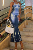 Blue Sexy Print Patchwork Spaghetti Strap Pencil Skirt Dresses