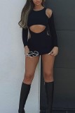 Black Sexy Casual Solid Hollowed Out O Neck Long Sleeve Dresses