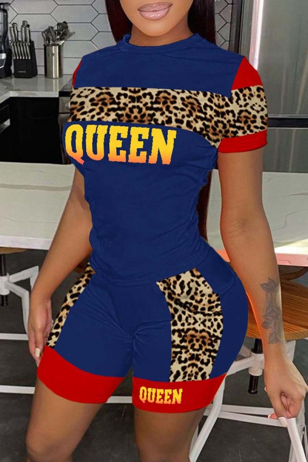 Blue Casual Letter Print Patchwork O Neck Short Sleeve Two Pieces