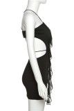 Black Sexy Solid Patchwork Backless Spaghetti Strap Wrapped Skirt Dresses