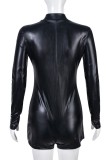 Black Casual Solid Patchwork Zipper Collar Skinny Romper