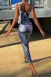 Blue Sexy Print Patchwork Spaghetti Strap Pencil Skirt Dresses