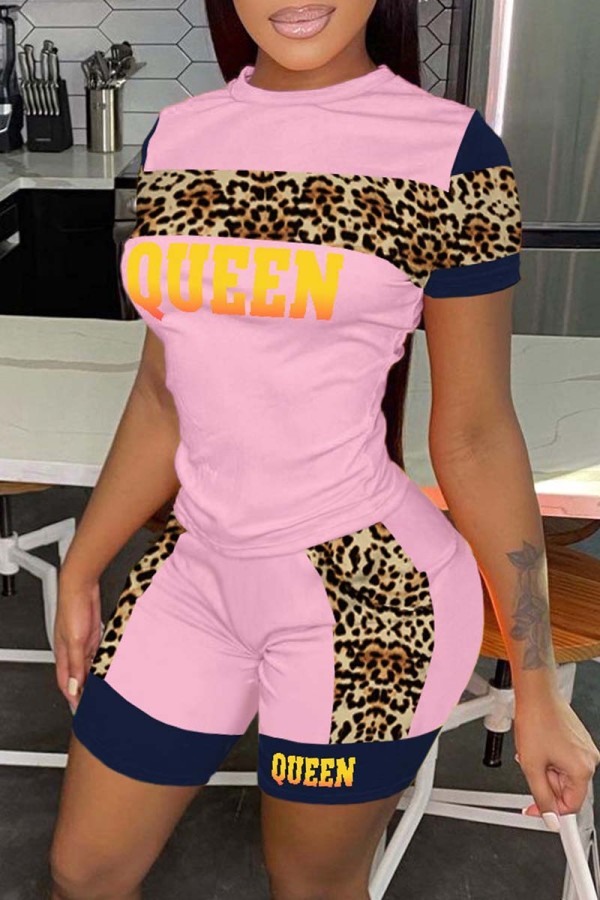 Pink Casual Letter Print Patchwork O Neck Short Sleeve Two Pieces