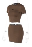 Brownness Casual Solid Patchwork O Neck Short Sleeve Two Pieces