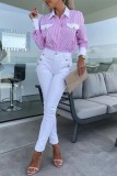 Pink Casual Striped Print Patchwork Shirt Collar Tops