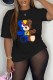 Black Casual Print Letter O Neck T-Shirts