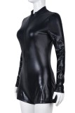 Black Casual Solid Patchwork Zipper Collar Skinny Romper