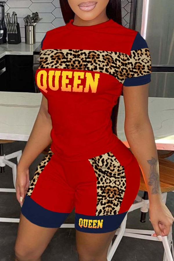 Red Casual Letter Print Patchwork O Neck Short Sleeve Two Pieces