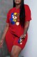 Red Casual Print Letter O Neck Short Sleeve Two Pieces