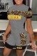 Grey Casual Letter Print Patchwork O Neck Short Sleeve Two Pieces