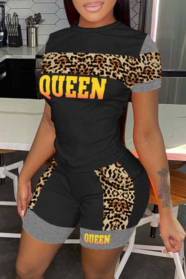 Black Casual Letter Print Patchwork O Neck Short Sleeve Two Pieces
