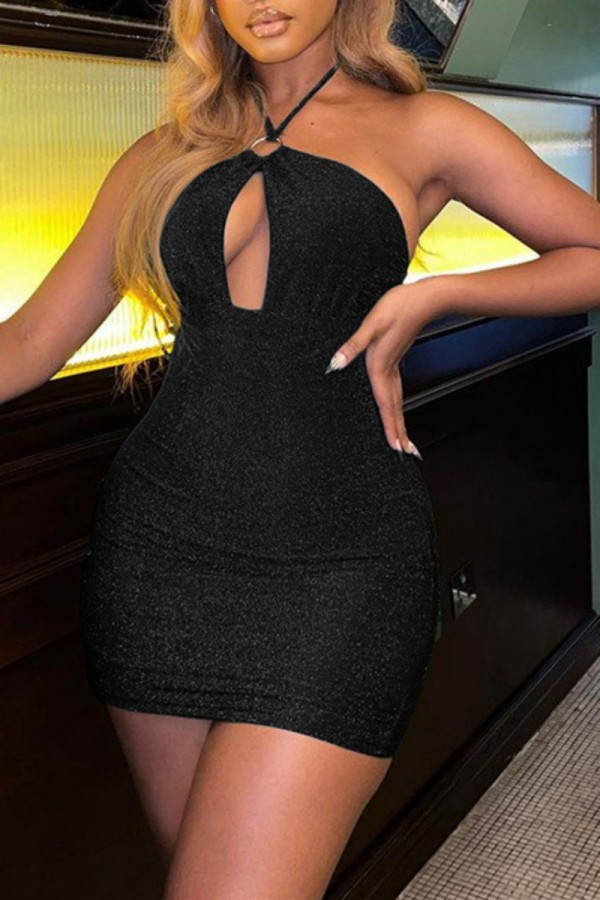 Black Sexy Solid Bandage Backless Halter Strapless Dress Dresses