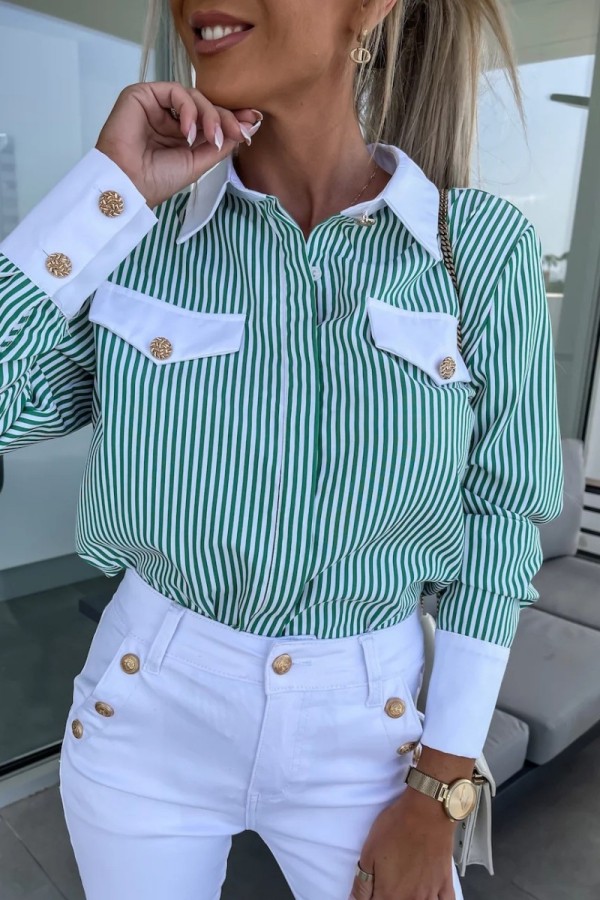 Green Casual Striped Print Patchwork Shirt Collar Tops