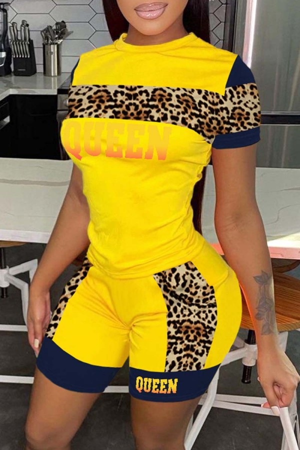 Yellow Casual Letter Print Patchwork O Neck Short Sleeve Two Pieces
