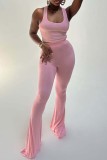 Pink Casual Solid Vests Pants U Neck Sleeveless Two Pieces