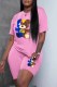 Pink Casual Print Letter O Neck Short Sleeve Two Pieces