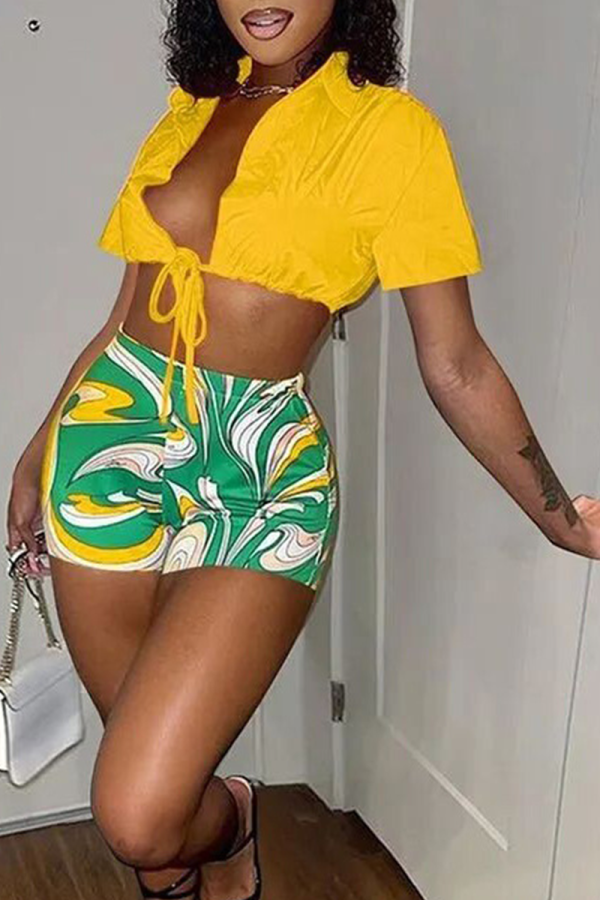 Golden Yellow Sexy Patchwork Patchwork Turndown Collar Short Sleeve Two Pieces